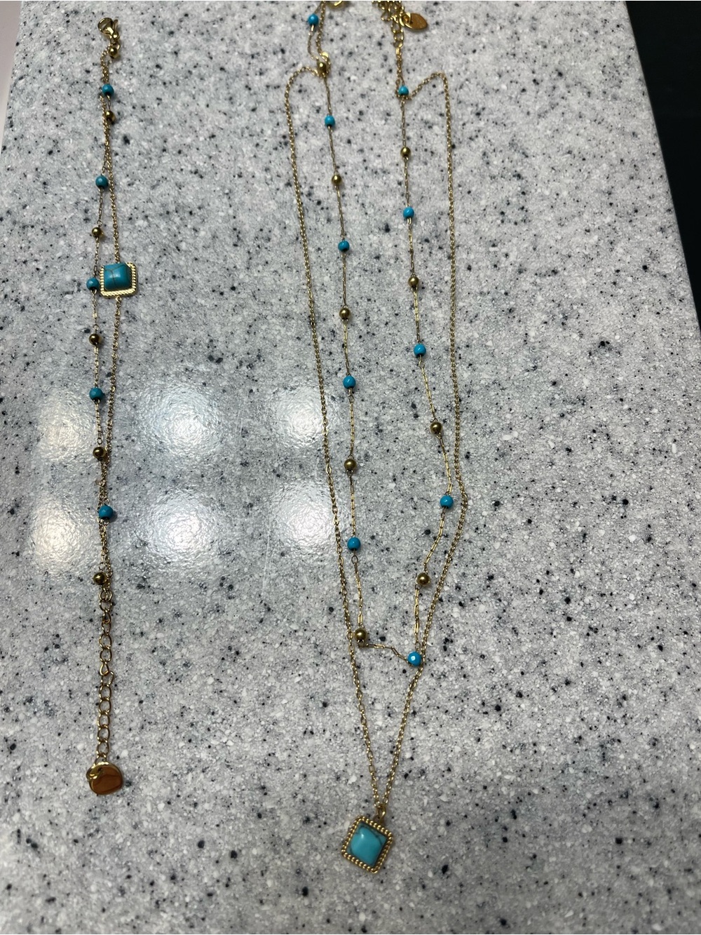 Stainless Steal Gold-Tone Layered Necklace & Bracelet set with Turquoise Accent